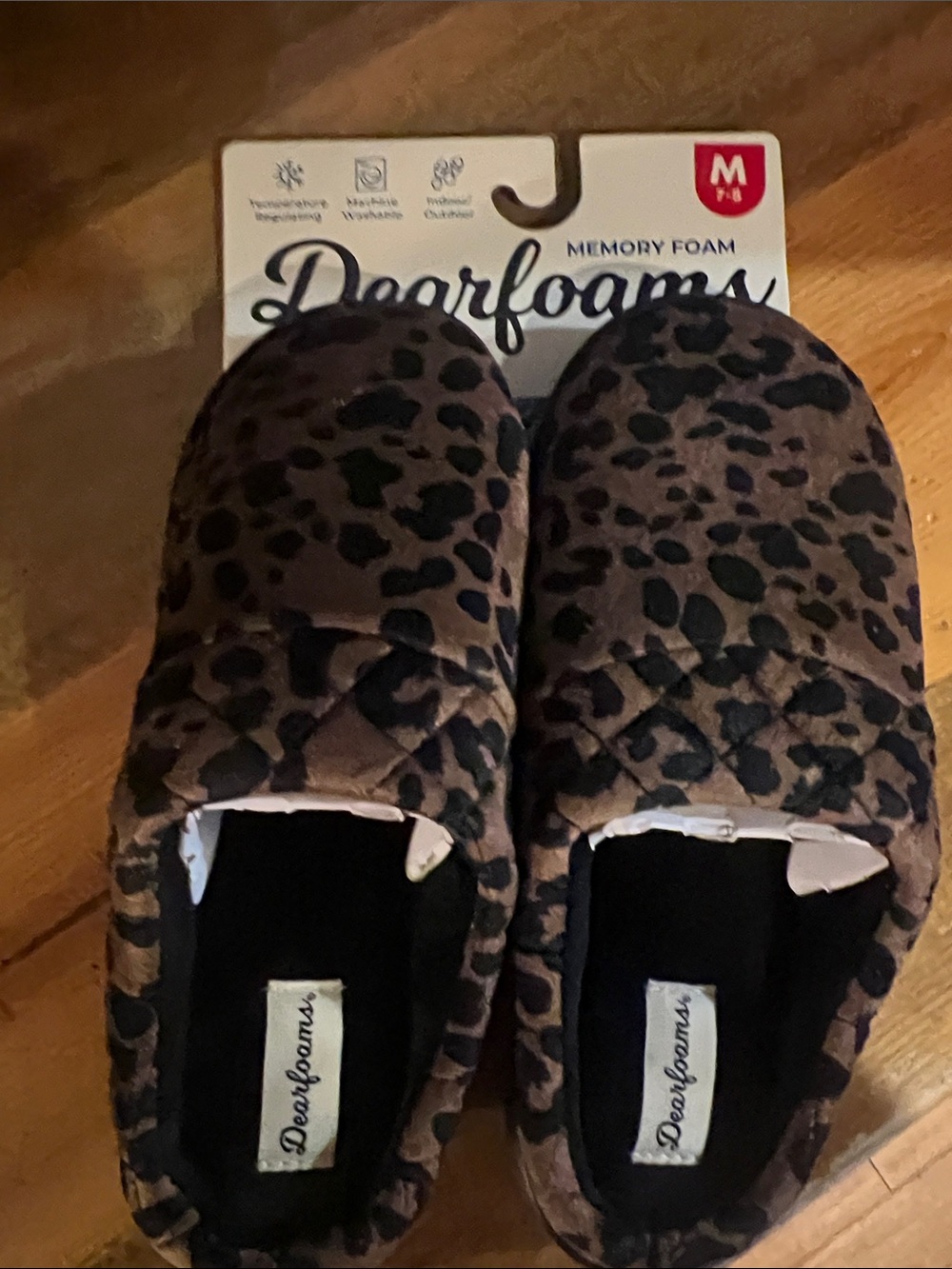 dearfoams Leopard Print Memory Foam Slippers - Brown & Black sz Medium 7/8